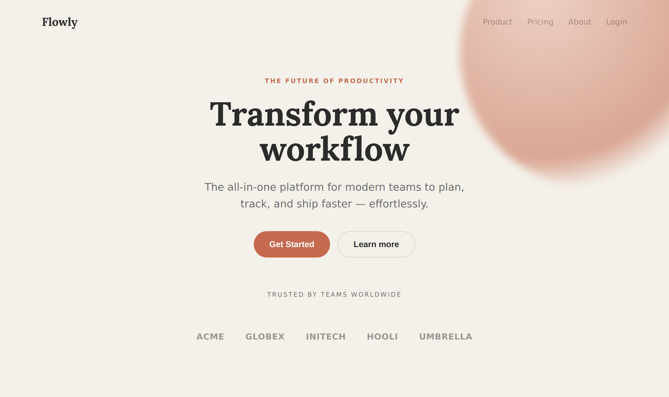 A generic AI-styled hero: cream background, large serif
  "Transform your workflow" headline, terracotta "Get Started" button, a soft
  gradient blob in the corner, and a row of fake company logos under "Trusted by teams
  worldwide."